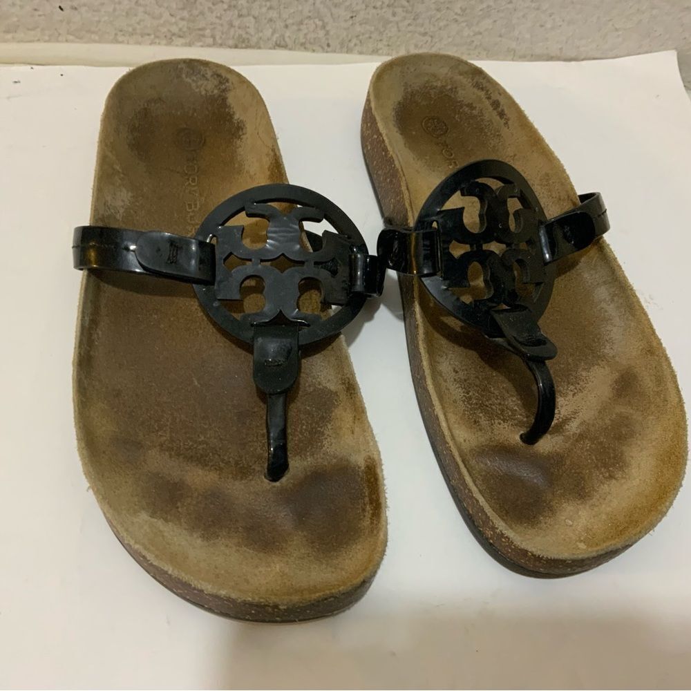 Tory Burch Miller Cloud Patent Leather Sandal Perfect Black/Natural Size 7 - Picture 2 of 8